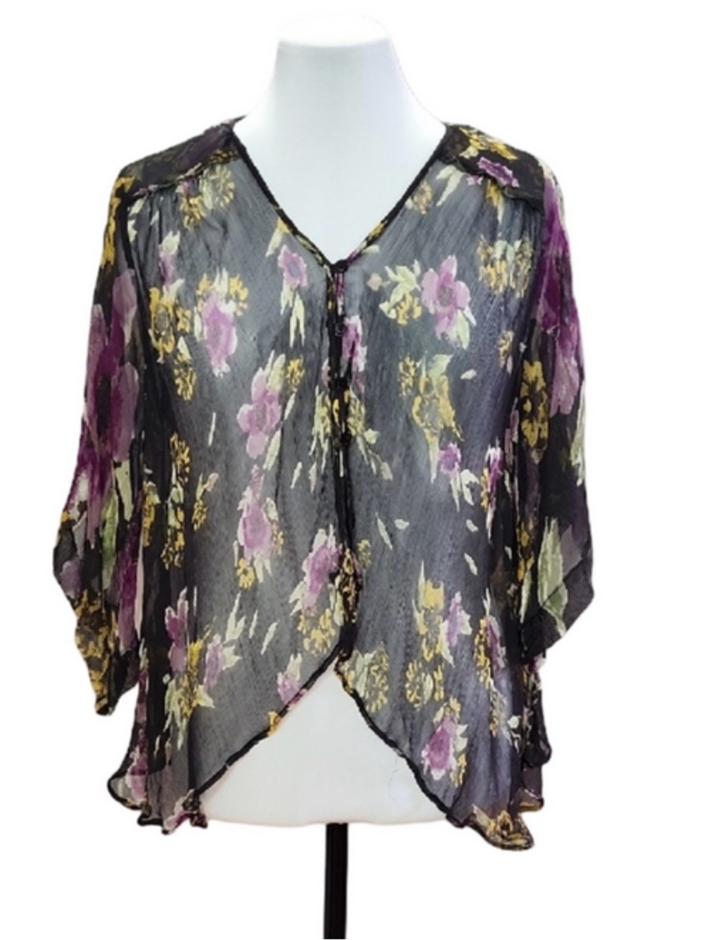 Free People Sheer Floral Draped Open-Front Blouse - Black with Purple & Yellow